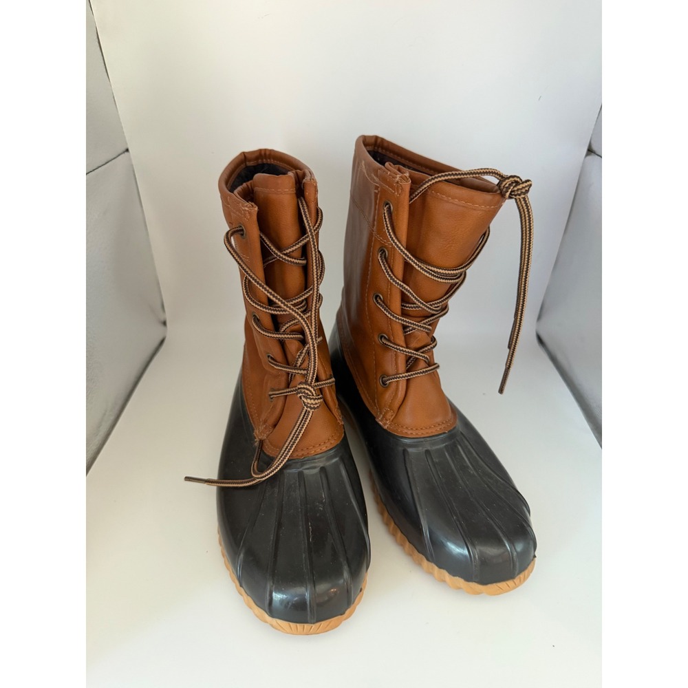 Sporto Arianna Duck Boots Brown Black Lace Up Faux Fur Lined Rain Snow Mens 6.5M